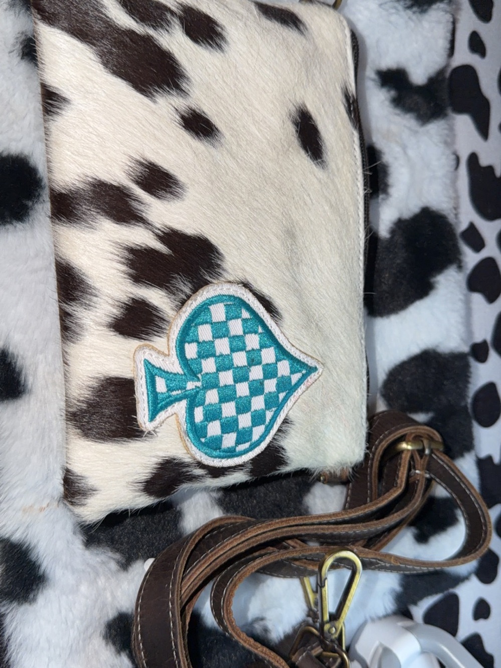 Distressed Cowhide Crossbody Bag with Teal Patch